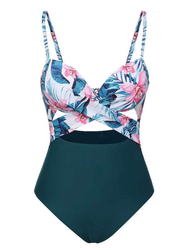 Lake Green 1930s Spaghetti Strap Floral Swimsuit