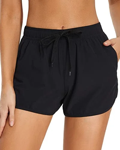 Women's Sporty Boardshorts Pockets Drawstring Swim Trunks For Teen Girls-Black