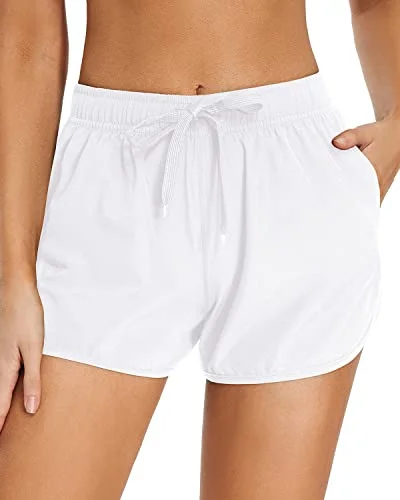 Elastic Waistband Drawstring Swim Shorts Pockets For Teen Girls-White