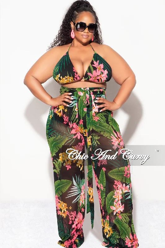 Final Sale Plus Size 3pc Poolside Playsuit (Bikini Top, High Waist Bottoms & Pants) Set in Black & Pink Floral Print Queen