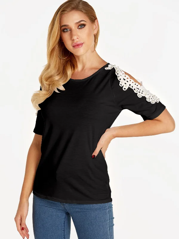 OEM ODM Cold Shoulder Plain Lace Short Sleeve Black T-Shirts