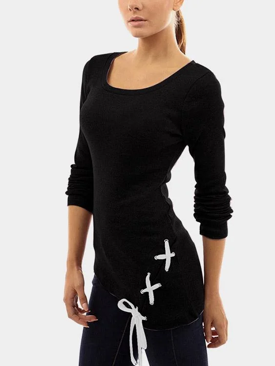 OEM ODM Round Neck Pullover Lace-Up Long Sleeve Black T-Shirts