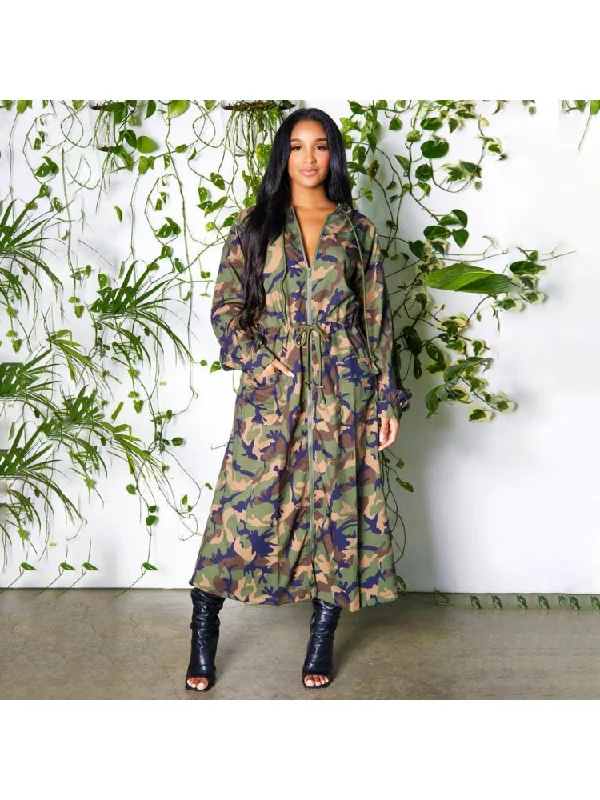 Camouflage Drawstring Hooded Long Trench Coat