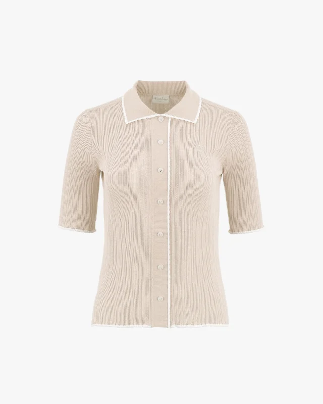 Scallop Collar Cropped Sleeve Knit Top - Beige