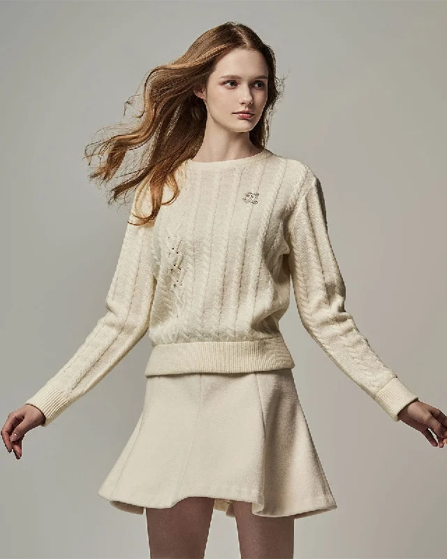 Velvet Ribbon Wool Cable Windbreak Knit - Cream