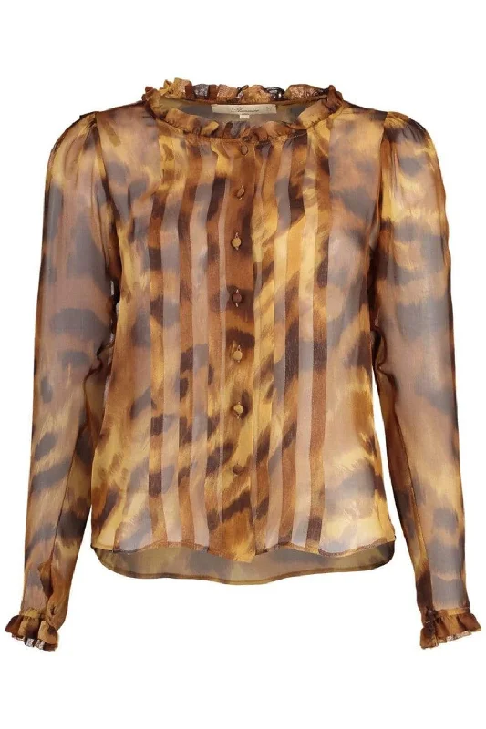 Long Sleeve Leopard Print Pleat Blouse