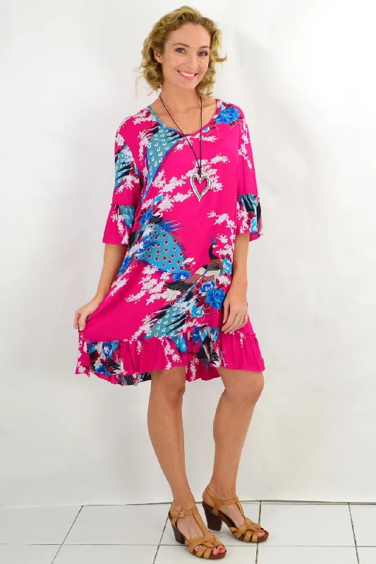 Beautiful Pink Peacock 3/4 Sleeve Tunic Dress