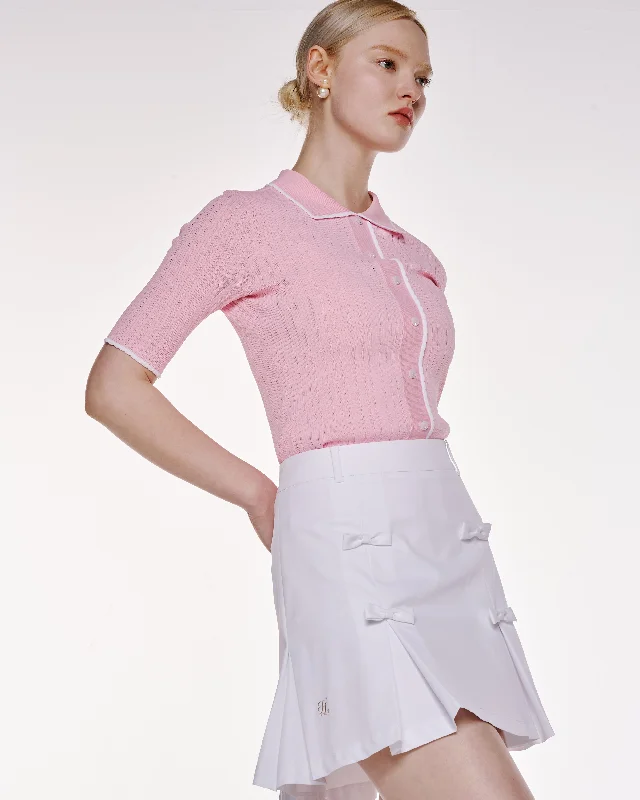 Scallop Collar Cropped Sleeve Knit Top - Pink