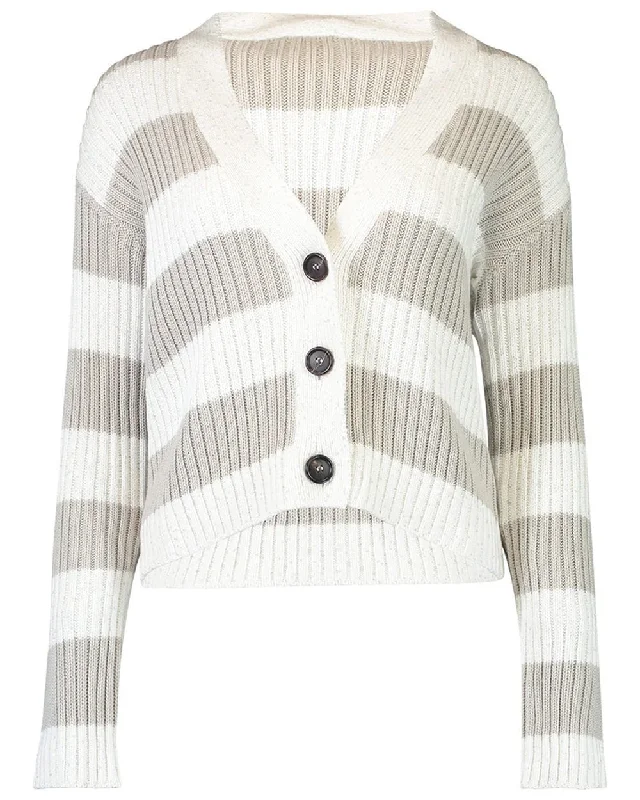 White Bicolor Stripe Diamante Button Up Cardigan