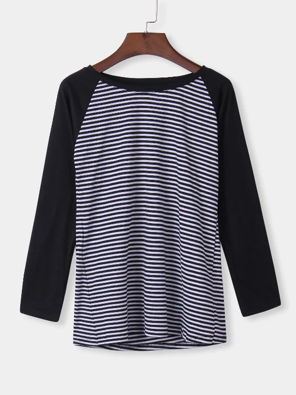 Custom Round Neck Stripe Long Sleeve Curved Hem Black Top