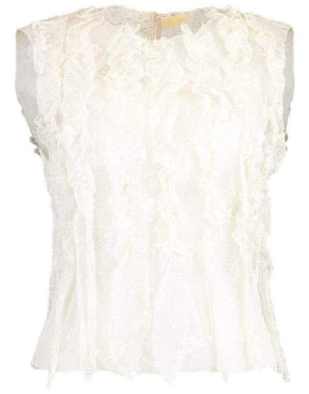 Sleeveless Lace Blouse with Front Ruffles