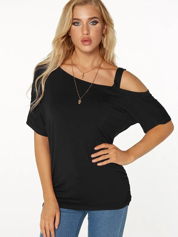 Wholesale Cold Shoulder Pleated Short Sleeve Black T-Shirts