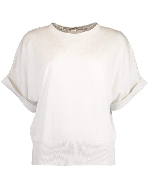 White Short Sleeve Monili Collar Knit