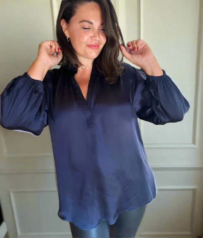 Navy Satin Popover Blouse