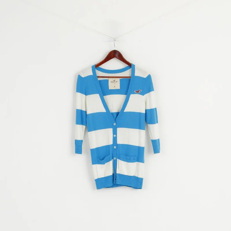 Hollister Women M Sweater Turquoise Striped V Neck Button Front Cardigan