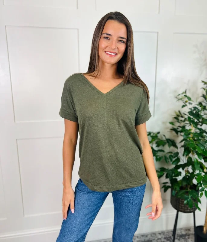 Khaki Linen Blend V Neck Tee