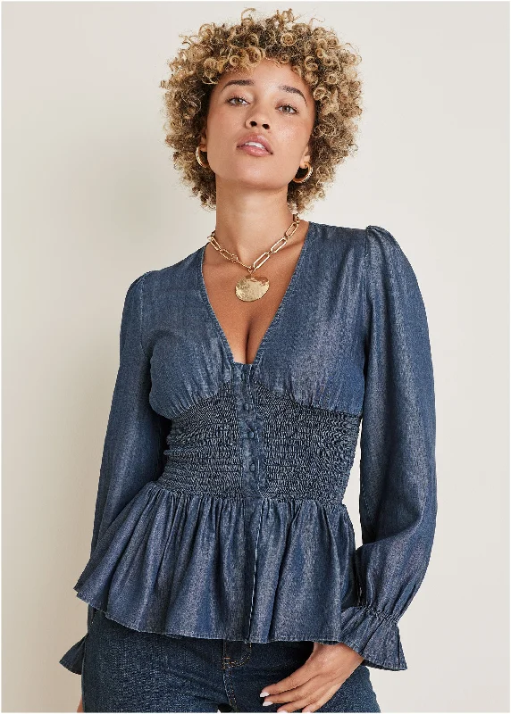 Chambray Smocked Top - Dark Wash