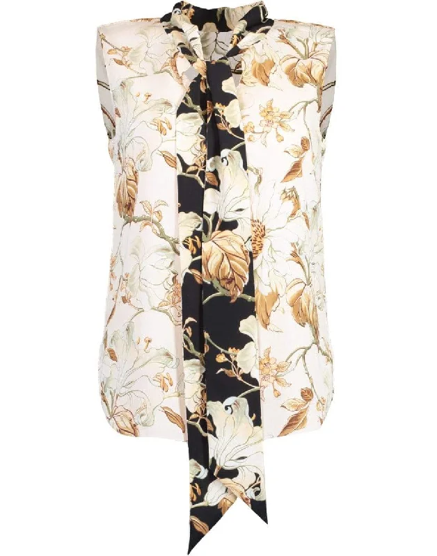 Ivory Sleeveless Neck Tie Printed Blouse