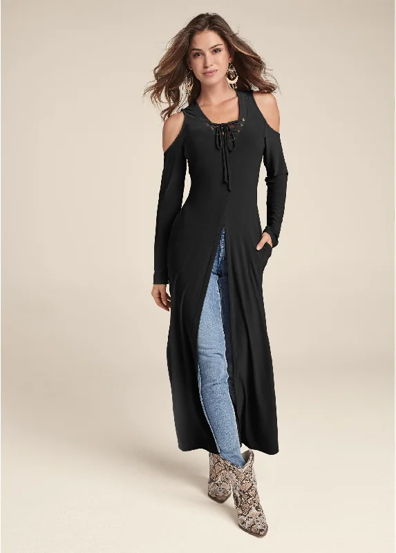 Lace Up Cold Shoulder Maxi Top - Black