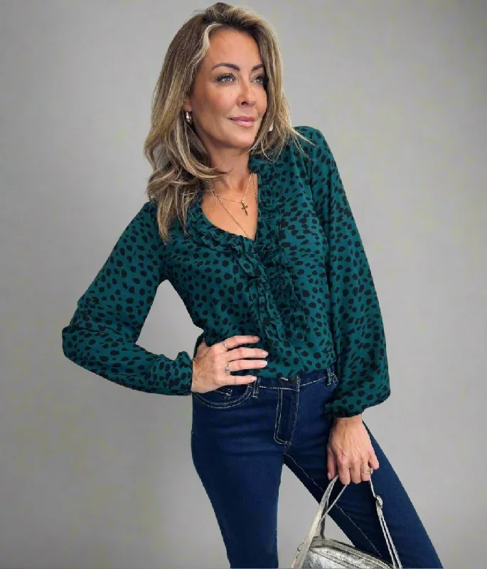 Green Animal Print Ruffle Popover Blouse