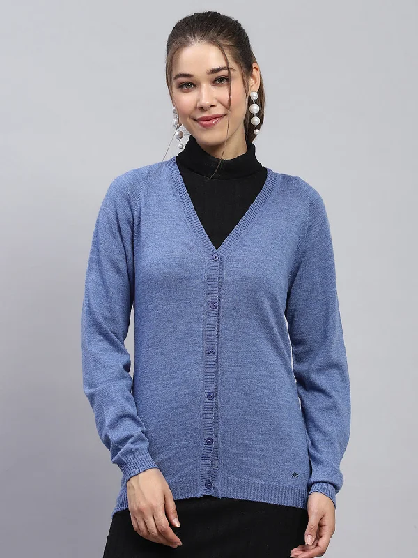 Women Blue Solid V Neck Full Sleeve Cardigan