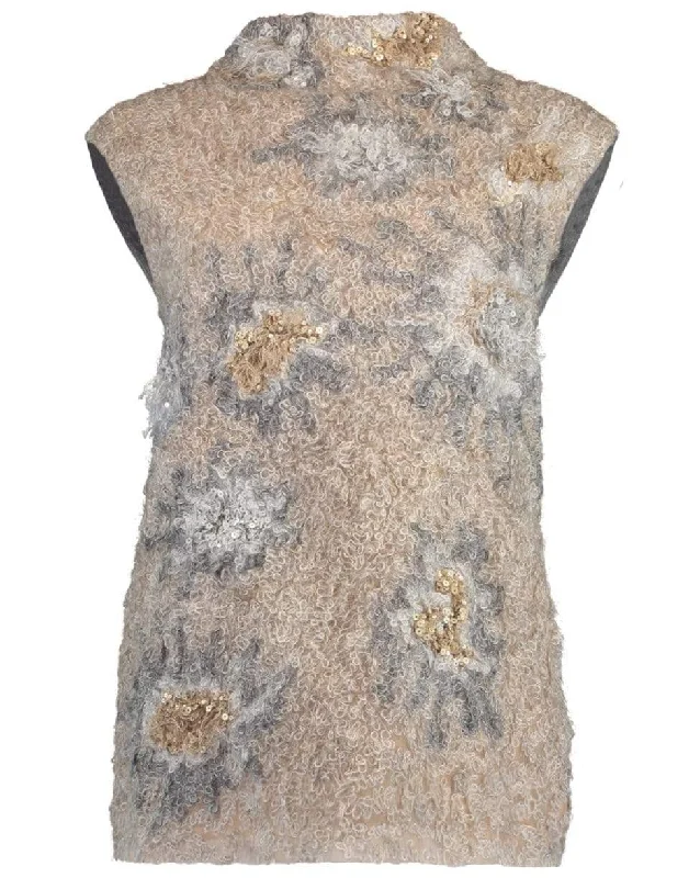 Sleeveless Embroidered Mohair Turtleneck Top