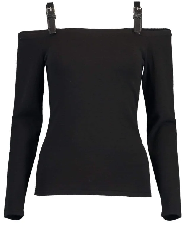 Black Leather Strap Off Shoulder Top