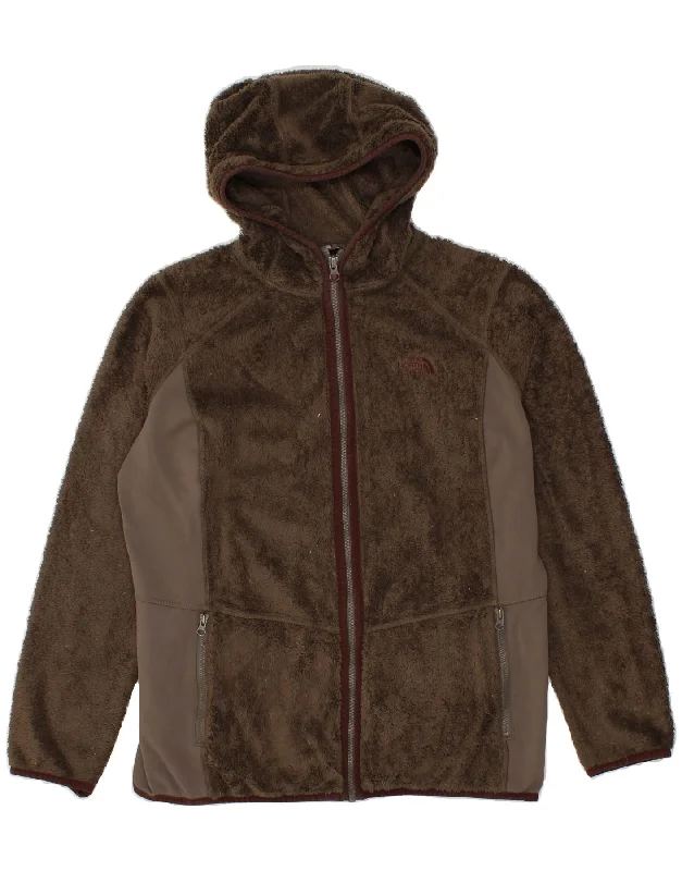 THE NORTH FACE Womens Hooded Fleece Jacket UK 16 Large Brown Colourblock