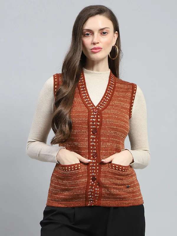 Women Rust Stripe V Neck Sleeveless Cardigan