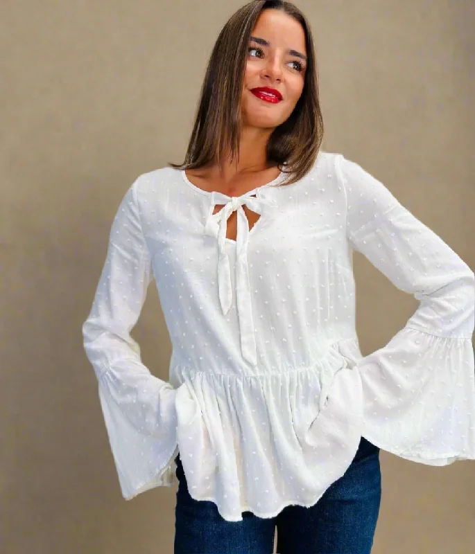 Ivory Tie Neck Dobby Blouse