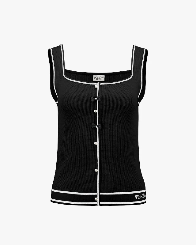 Square Neck Ribbon knit Vest - Black