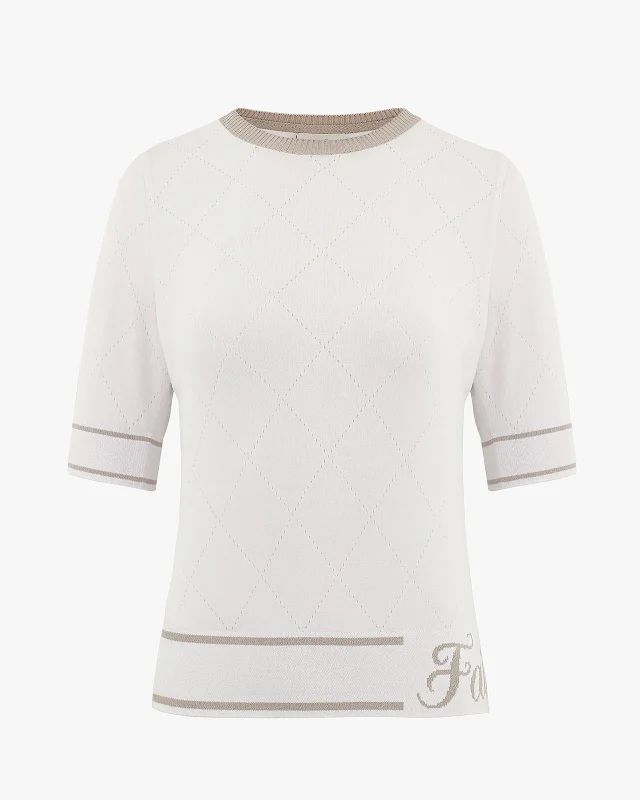 Diamond Round Neck Knit Top - White