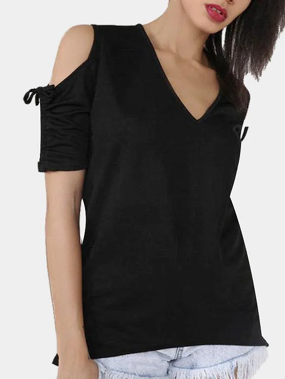 OEM ODM V-Neck Cold Shoulder Short Sleeve Black T-Shirts