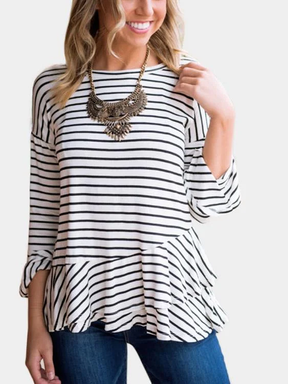 OEM ODM Round Neck Stripe Long Sleeve Ruffle Hem Black T-Shirts