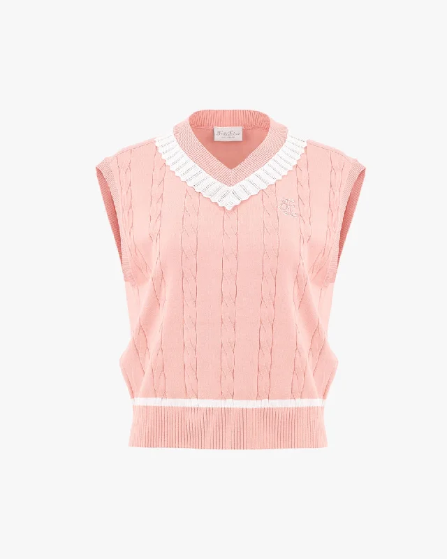 V-neck Frill Knit Vest - Coral