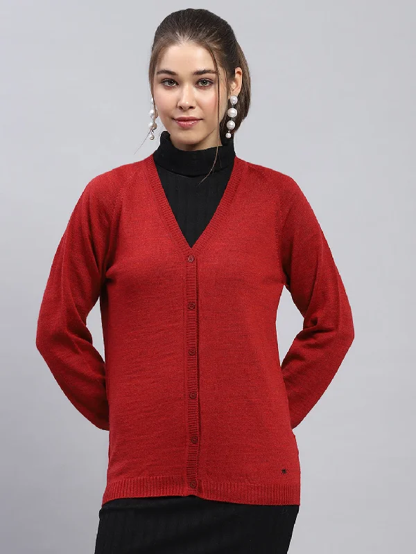 Women Maroon Solid V Neck Full Sleeve Cardigan