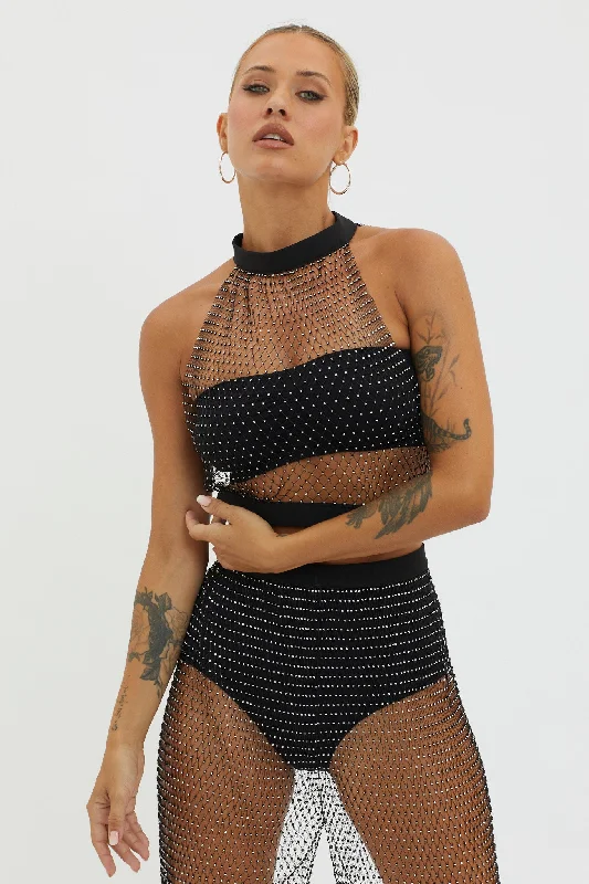 Moon Rock Diamante Mesh Top Black