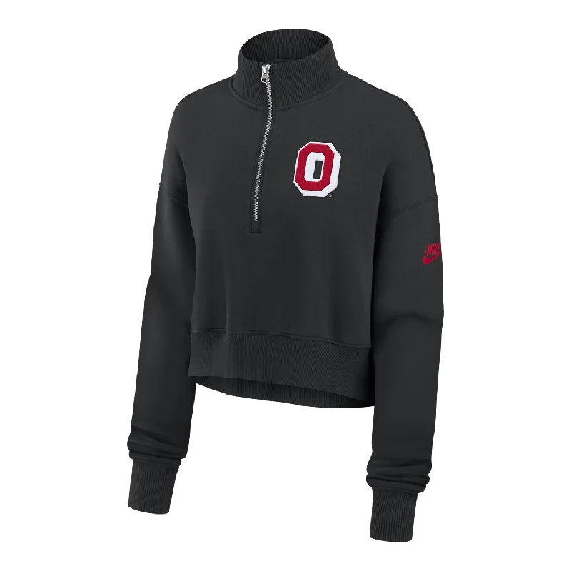 Ladies Ohio State Buckeyes Nike 1/2 Zip Retro Block O Black Crop Sweatshirt