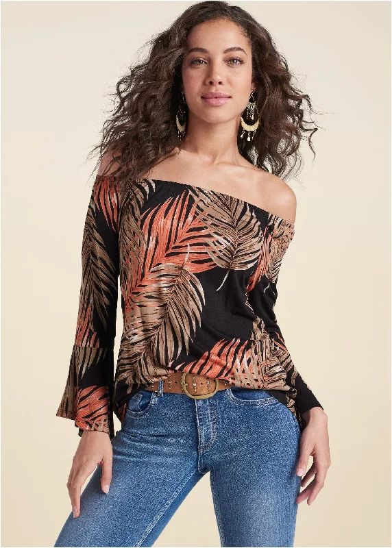 Bell Sleeve Printed Top - Black & Orange