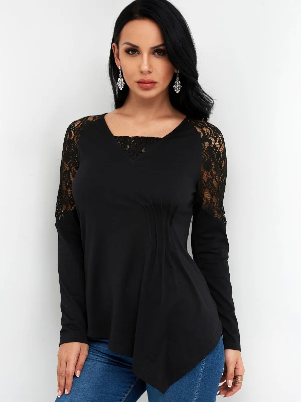 Custom V-Neck Lace Long Sleeve Irregular Hem Black T-Shirts