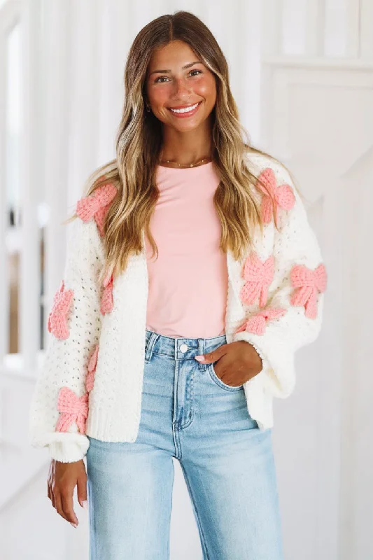 Did It Myself Bow Cardigan - White and Pink