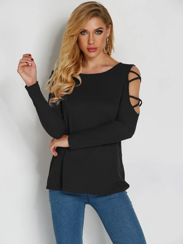 OEM ODM Round Neck Plain Lace-Up Cut Out Long Sleeve Black T-Shirts