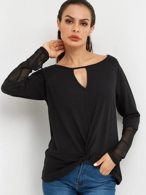 Custom Round Neck Plain Crossed Front Hollow See Through Long Sleeve Irregular Hem Black T-Shirts