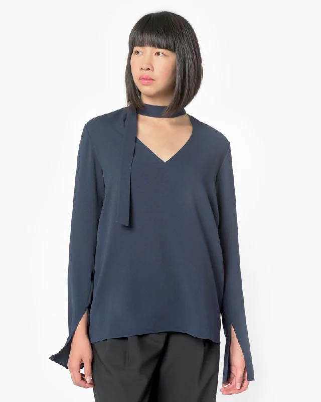 Savanna Crepe V-Neck Tie Top in Midnight Navy