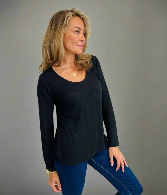 Black Linen Blend Scoop Neck Top