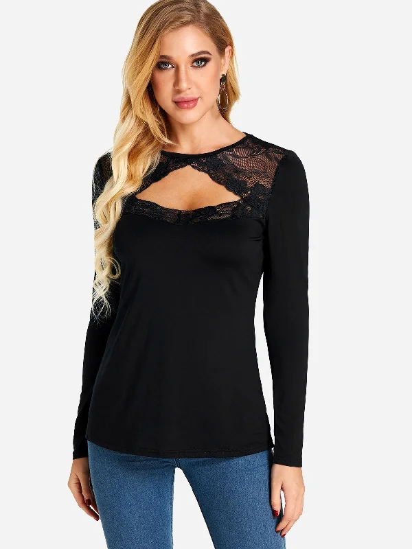 Wholesale Black Round Neck Long Sleeve Plain Lace Cut Out T-Shirts