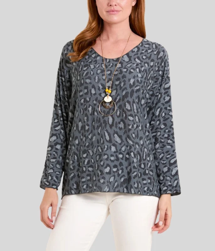 Charcoal Fine Knit Leopard Necklace Top