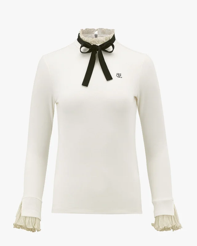 Ruffle & Detachable Velvet Ribbon T-Shirt - Cream