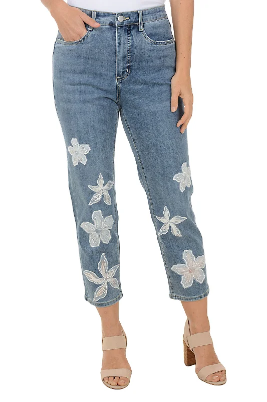 Floral Applique Denim Crop Pant