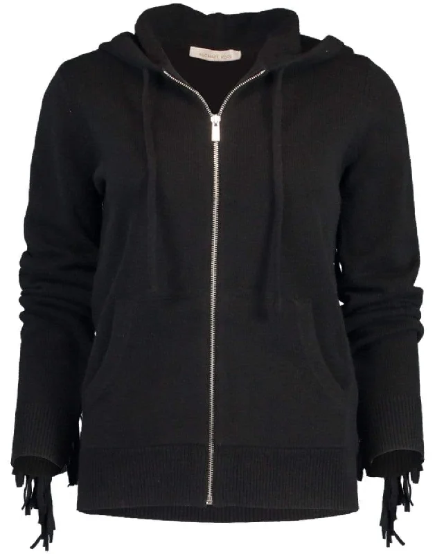 Black Cashmere and Suede Fringe Hoodie